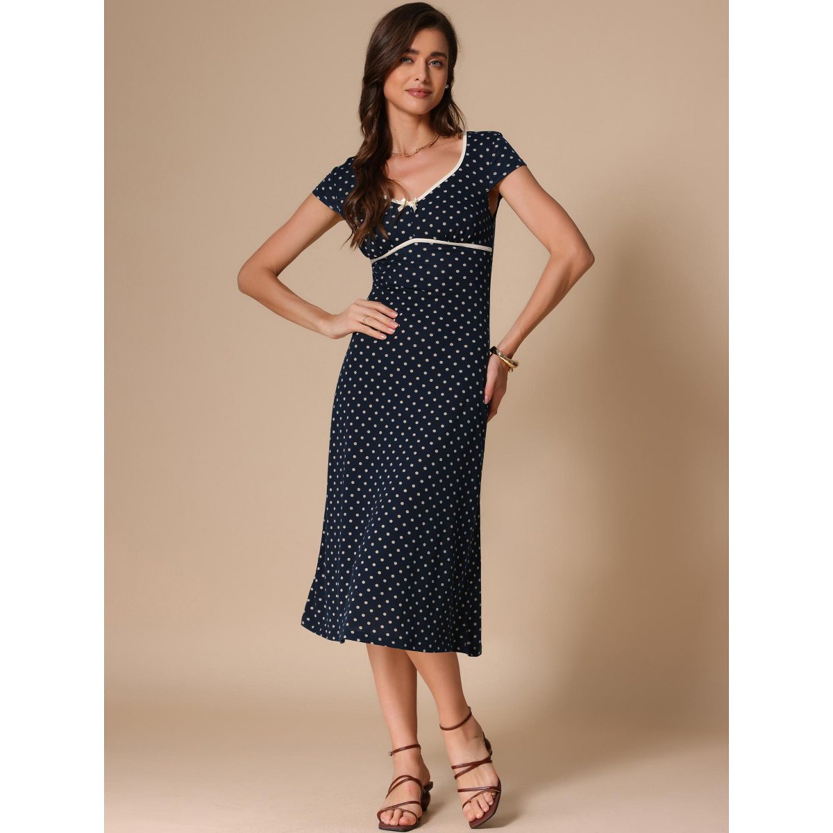 Женские платья INSPIRE CHIC Women's V Neck Cap Sleeve Polka Dots Summer Vintage Classic Midi Dress Small Dark Blue — фото 2