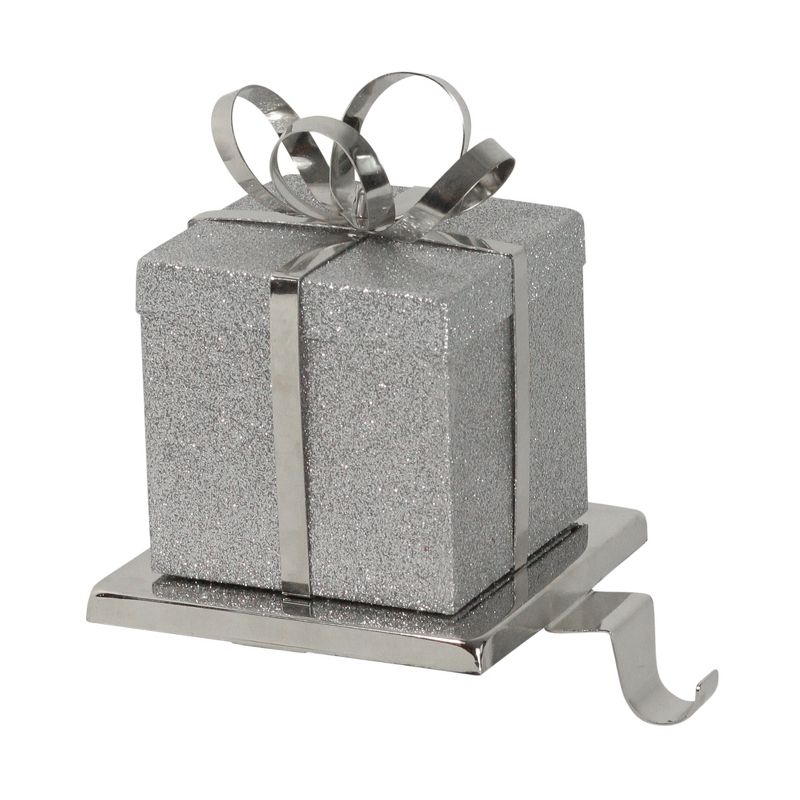 Northlight 5.5" Silver Glitter Gift Box with Bow Christmas Metal Stocking Holder, 1 of 6