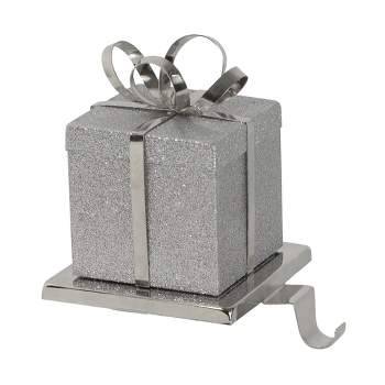Northlight 5.5" Silver Glitter Gift Box with Bow Christmas Metal Stocking Holder