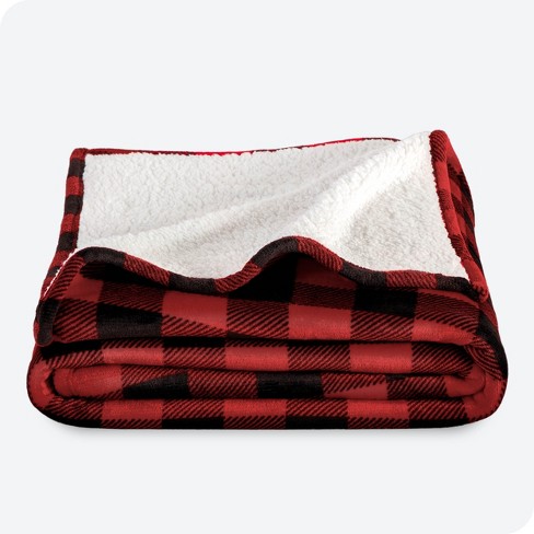 Buffalo Plaid Red Black Throw Travel Faux Shearling Fleece Blanket by Bare Home