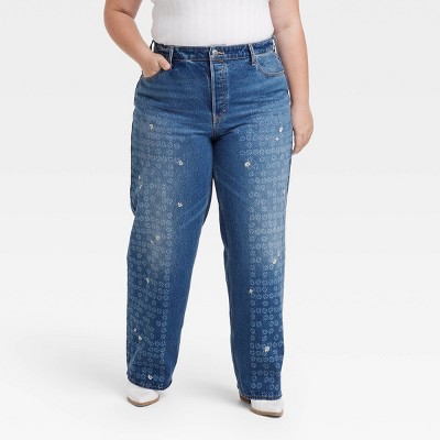 Women's Mid-Rise Embroidered Daisy Baggy Jeans - Universal Thread™ Medium Wash
