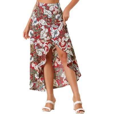 Allegra K Women's Tropical Smocked Waist High Low Flowy Maxi Skirt Red ...