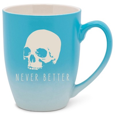 100 North Skull 10 Ounce Blue and White Two Toned Ombre, Comfortably Fits Your Hands, Ceramic Tea Coffee Cup Mug, Never Better