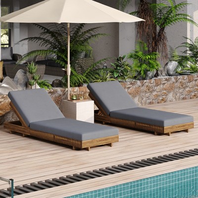 Acacia Wood Outdoor Reclining Lounge Chair Set (2-Piece) with Water-Resistant Cushions