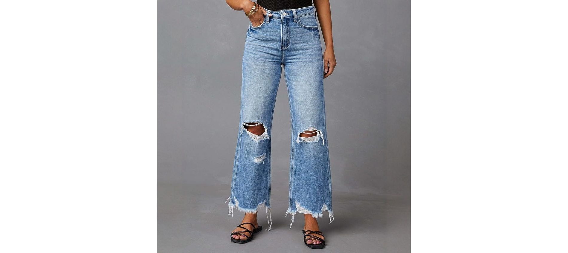 Coolmee Women's Ripped Jeans Bell Bottom High Rise Distressed Raw Edge Hem Boyfriend Wide Leg Denim Pants