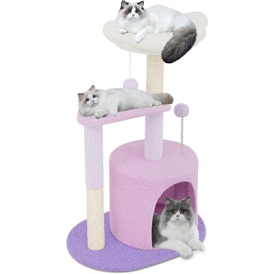 Small Cat Tree Condo with Sisal Scratching Post, 33 Inch Modern Cute Flower Cat Tree Tower with Cozy Perch Toy Ball