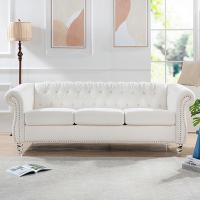 84.65" Chesterfield Sofa,Couch Upholstered Sofa Rolled Arm Sofa with Wood Legs for Living Room