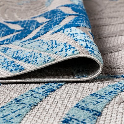 Gray and Blue Palm Leaves Indoor/Outdoor Area Rug