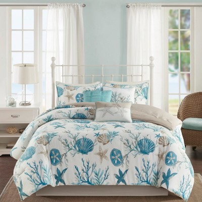 7 Pcs Stylish Coastal Print Cotton Sateen Comforter Set, All Season Home Textile for Modern Bedroom Decor