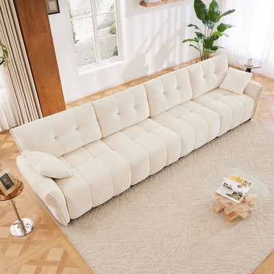 DOMETOUR Modern 4-Seater Sofa, Solid Wood Frame, Premium Chenille, High-Resilience Cushions, White, for Living Room, Office, Lounge, Lobby