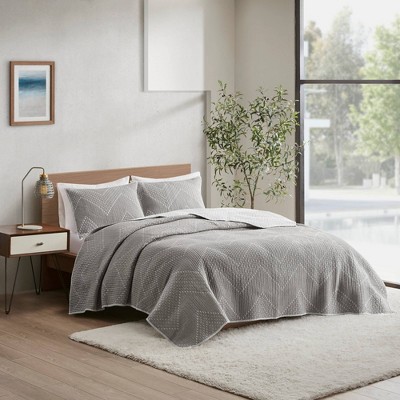 Gray King Cotton Reversible Quilt Set with Ridged Embellishment