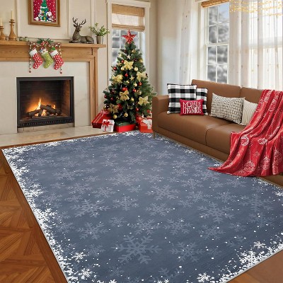 Washable Christmas Decorative Snowflake Area Rug Non-Slip Low Pile Indoor Xmas Rugs for Living Room Bedroom