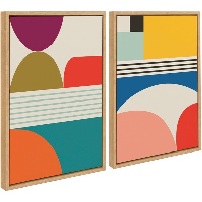 Set of 2 Multicolor Abstract Canvas Prints with Natural Frames