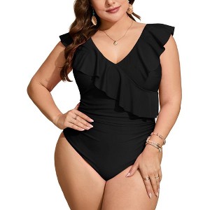 Womens Plus Size Swimsuits Ruffled One Piece Flounce Sleeve Swimwear V Neck Bathing Suit for Plus Size Women - 1 of 4