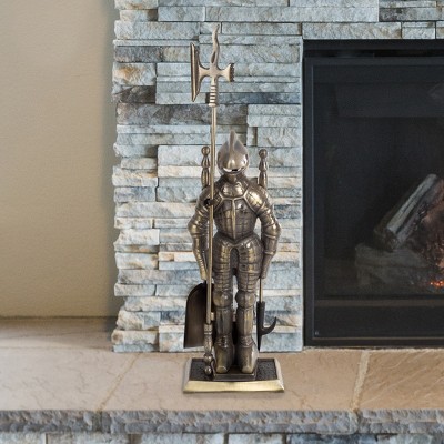 Photo 1 of 3-Piece Fireplace Tool Set- Medieval Knight Cast Iron Statue Holds Heavy Duty Essential Tools - Includes Shovel, Broom & Poker by Lavish Home