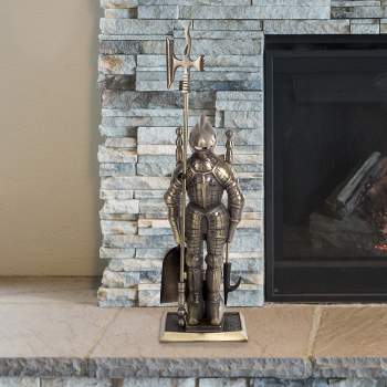 3-Piece Fireplace Tool Set- Medieval Knight Cast Iron Statue Holds Heavy Duty Essential Tools - Includes Shovel, Broom & Poker by Lavish Home