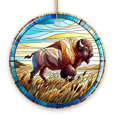 Great Plains Bison Stained Glass Themed Ceramic Ornament, Nature of the American Wild West| OrnamentallyYou