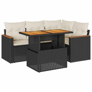 vidaXL 5 Piece Patio Sofa Set with Cushions Poly Rattan Acacia - Black and Cream with Storage - 1 of 4