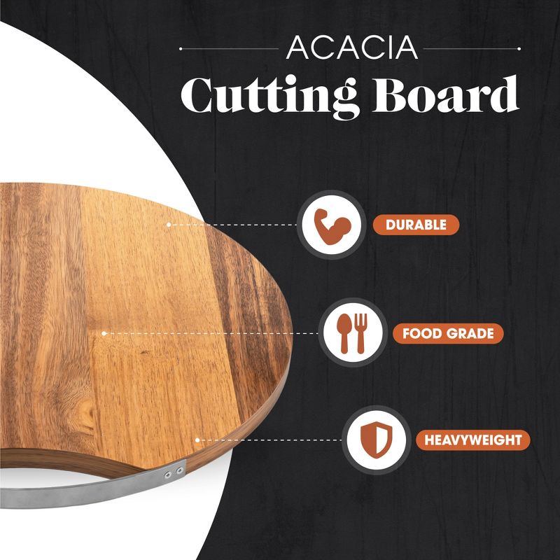 American Atelier Acacia Wood Round Cutting Board with Metal Accent, Large Board for Cheese, Charcuterie with Handle for Serving, 13” Diameter, 3 of 8