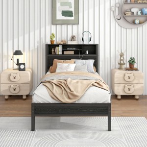 Twin Size Bed Frame with Storage Headboard, Metal Platform Bed with Charging Station, Bookcase Storage, No Box Spring Needed, Easy Assembly - 1 of 4