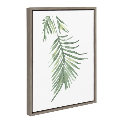Tropical Palm Leaf Green and Gray Framed Canvas Art, 18x24