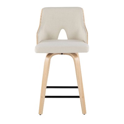 Cream Fabric and Natural Wood Swivel Counter Stools, Set of 2