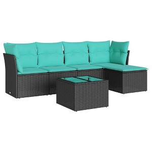 vidaXL 6 Piece Patio Sofa Set with Cushions Black and Blue Poly Rattan - With Table - 1 of 4