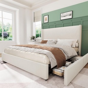 Upholstered Platform Bed Frame with Storage Drawers - Corduroy Wingback Design, Tufted Headboard Footboard, No Box Spring Needed - 1 of 4
