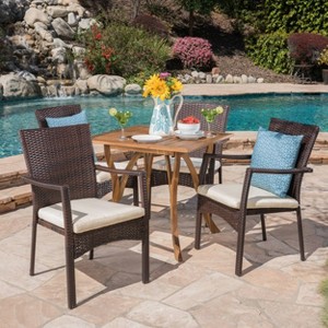 Ferris 5pc Acacia Wood & Wicker Patio Dining Set - Brown - Christopher Knight Home - 1 of 4