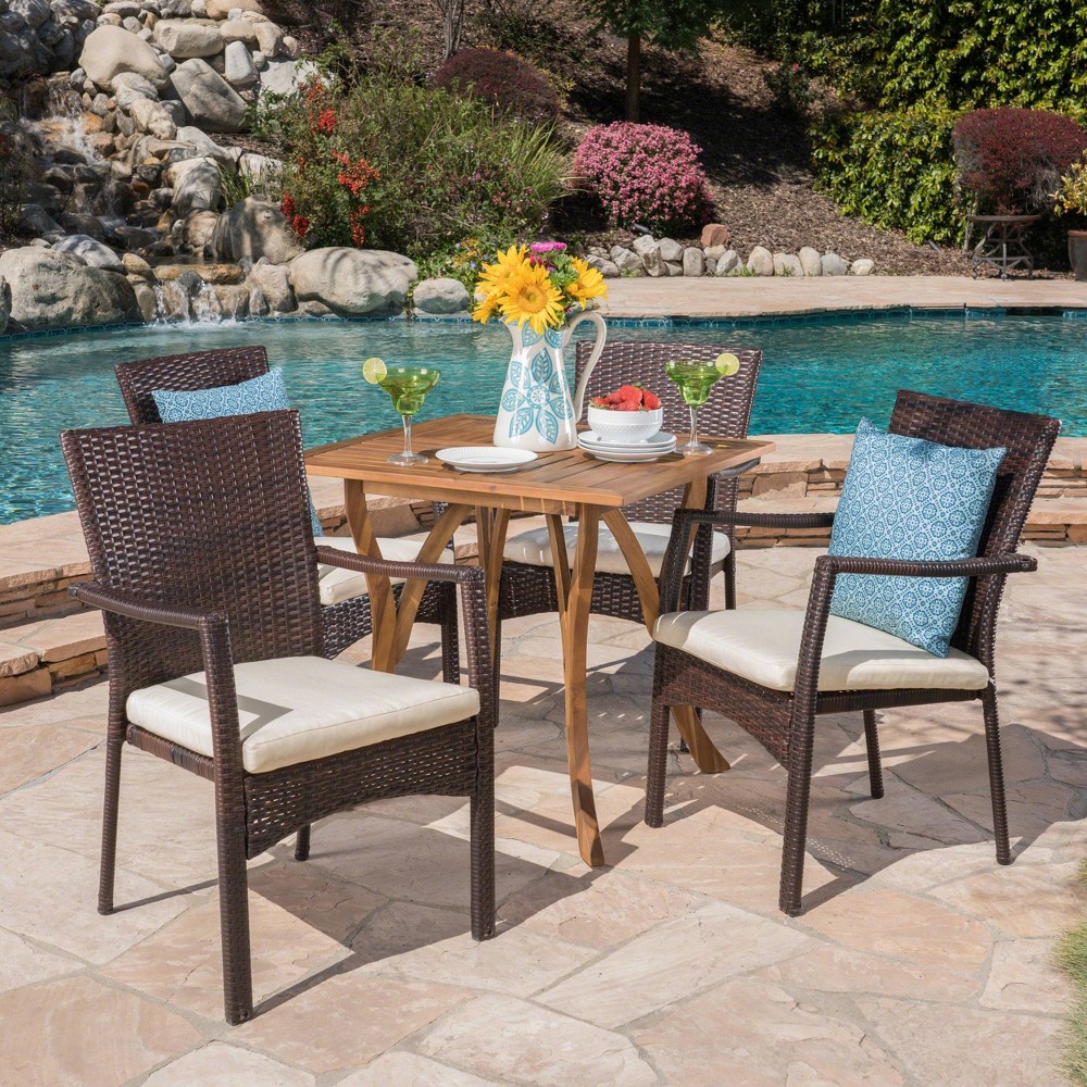 Photos - Garden Furniture Ferris 5pc Acacia Wood & Wicker Patio Dining Set - Brown - Christopher Kni