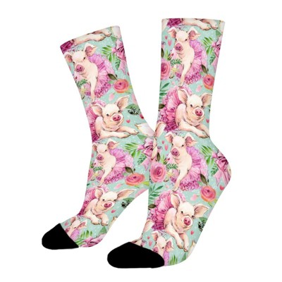Cute Piggy With Flower Dress Women Printed Crew Socks Funny Funky Socks Soft Polyester Novelty Gifts for Artists Men