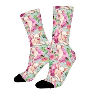 Cute Piggy With Flower Dress Women Printed Crew Socks Funny Funky Socks Soft Polyester Novelty Gifts for Artists Men - 1 of 1