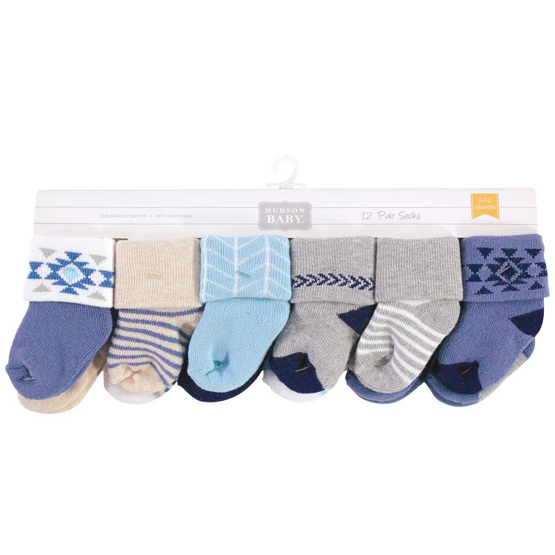 Hudson Baby Infant Boy Cotton Rich Newborn and Terry Socks, Blue Gray Aztec, 3 of 4