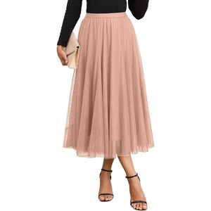 Women's Tulle Layered A-Line Skirt - High Waist Flowy Long Tutu for Date Night & Fall Fashion Pink - 1 of 4