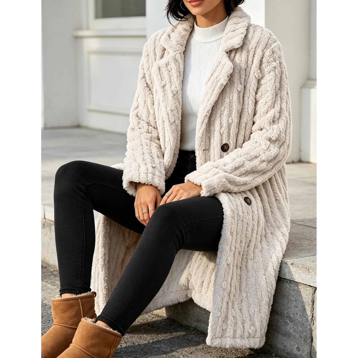 Женская куртка YesFashion Women Lapel Mid-Length Fuzzy Coat Casual Overcoat Street Outerwear Daily Long Jacket, L — фото 3