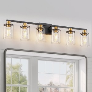 YANSUN 6 Light Black and Gold Vanity Light with Clear Tube Glass Shades for Large Bathroom Mirror E26 Base - 1 of 1
