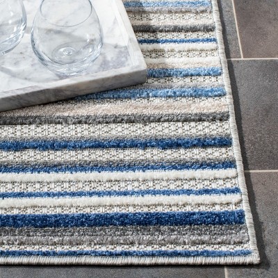 Grey and Blue Geometric Striped Indoor/Outdoor Runner Rug
