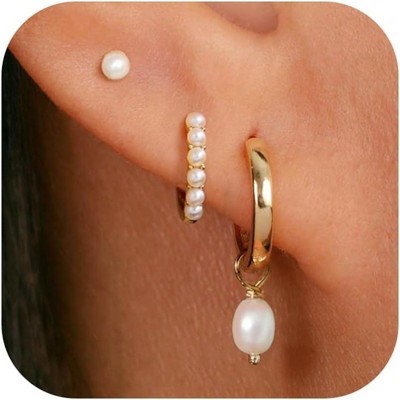 3 Pairs Small Gold Hoop Earring, 14K Gold Plated Earring Stacks Butterfly Heart Star Moon Bow Four Leaf Rhombus Round CZ Pearl