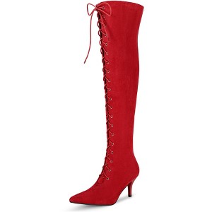 Allegra K Women's Pointed Toe Lace Up Stiletto Heel Over the Knee High Boots - 1 of 4