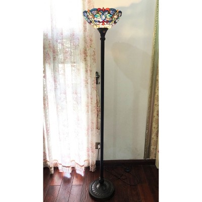 Antique Bronze Tiffany-Glass Victorian Torchiere Floor Lamp 69"