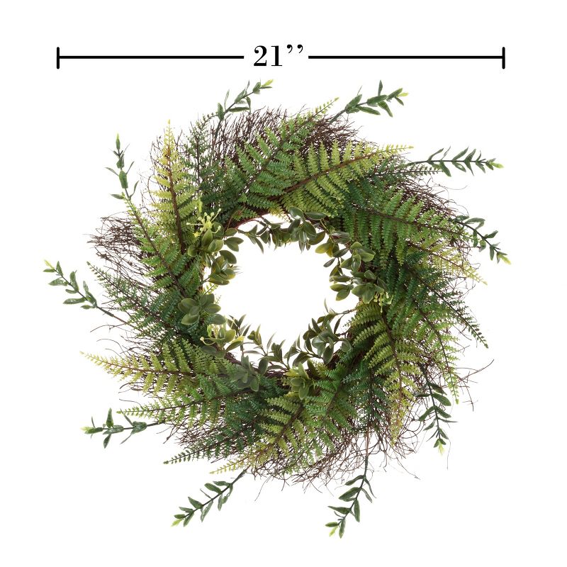 Artificial Fern Door Wreath on Grapevine Base - 21-Inch UV-Resistant Greenery with Blossoms - Slim Size for Front Porch Decor by Nature Spring (Green), 3 of 8