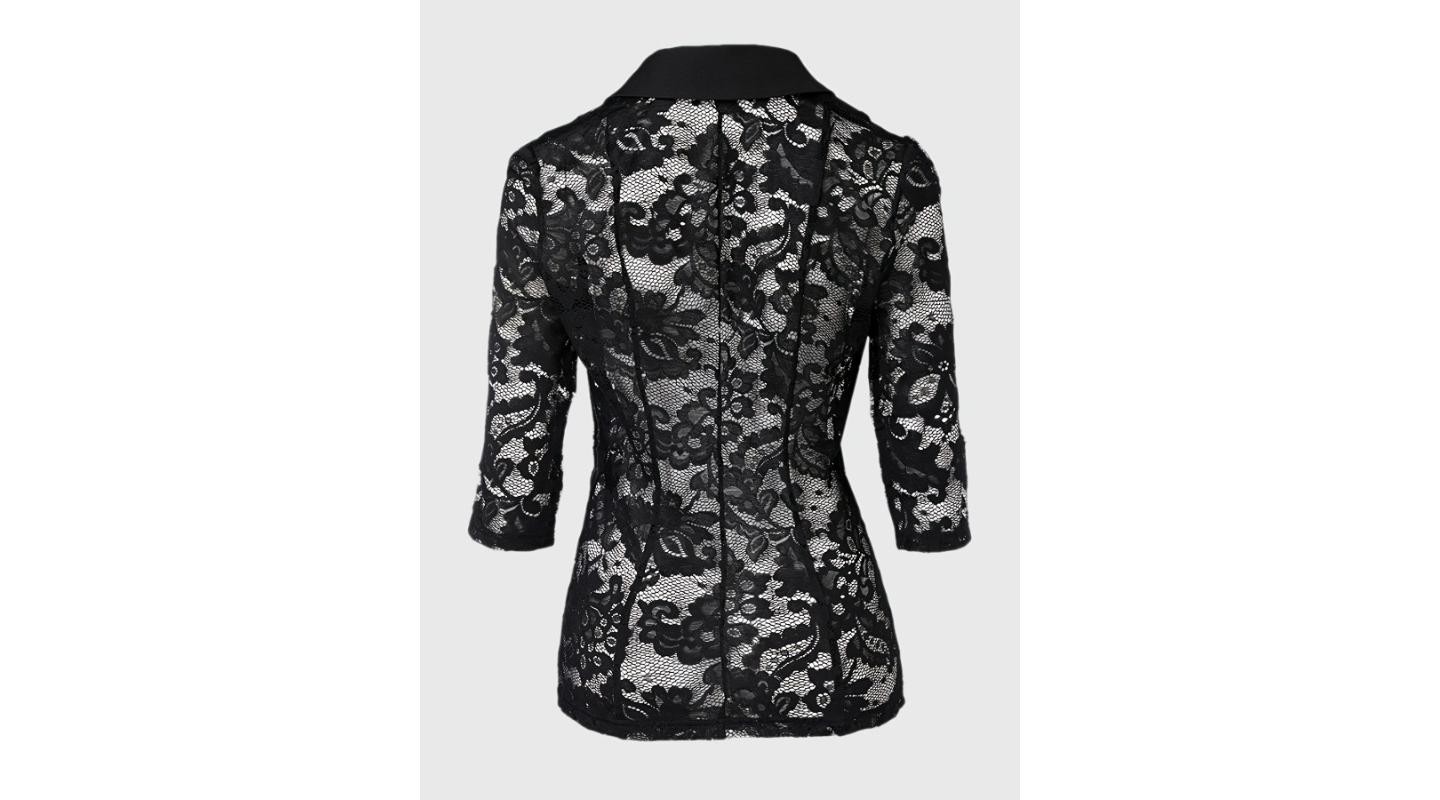 Женская куртка YesFashion Floral Lace Blazer Open Front One Button Sheer Mesh 3/4 Sleeve Fashion Work Office Jacket Lightweight Outerwear M Black, цвет: С принтом — фото 5