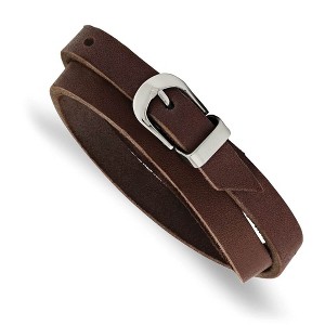 Black Bow Jewelry 10mm Stainless Steel Brown Leather Adj. Wrap Bracelet, 8.0-8.5 Inch - 1 of 4