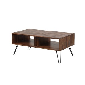 Camila Wood Coffee Table Dark Brown - Summerland Home: Acacia Veneer, Black Metal Hairpin Legs, 2 Open Shelves - 1 of 4