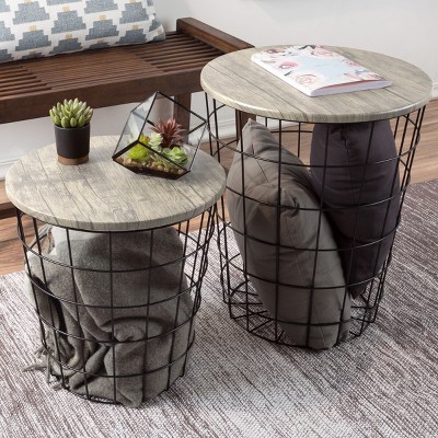 Hastings Home Farmhouse-Style Wire and Wood Nesting Tables - 2 Pcs, Gray