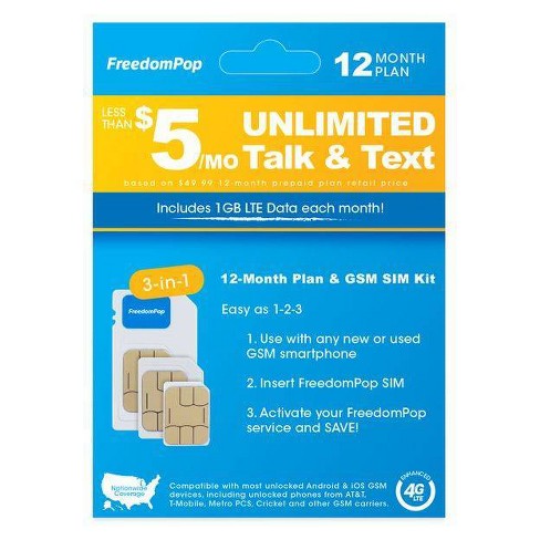 Freedompop 3 In 1 Lte Sim Kit 12 Month Prepaid Plan Unlimited