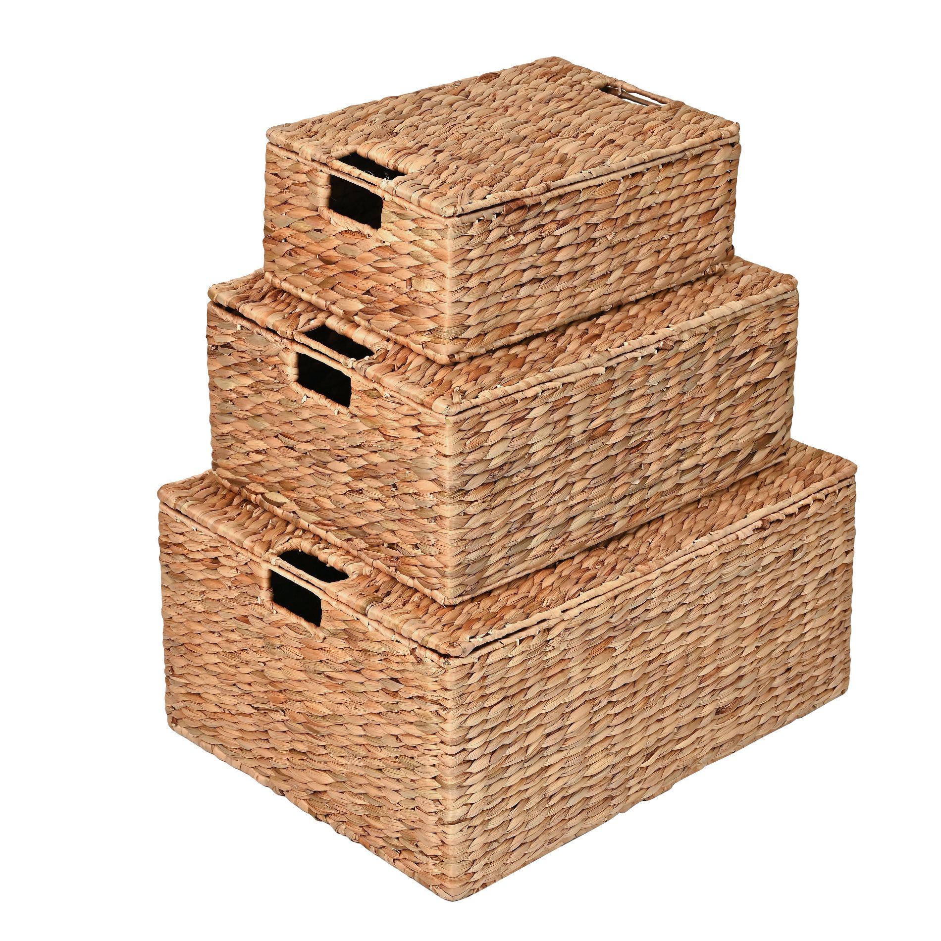 happimess Brooks Classic Farmhouse Woven Hyacinth Rectangular Storage Baskets with Lids and Handles, Natural (Set of 3)