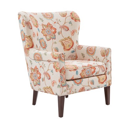 Floral Cream Wingback Accent Chair with Wood Legs