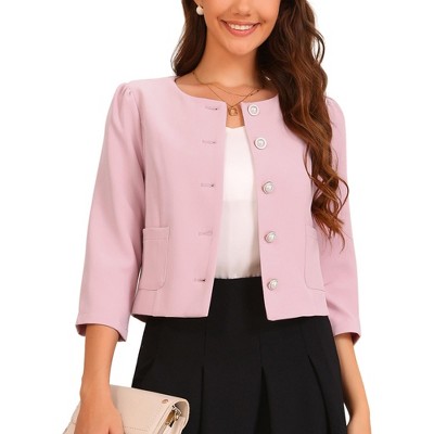 Allegra K Women's Collarless 3/4 Sleeve Lightweight Pockets Button Down Work Suit Blazer
