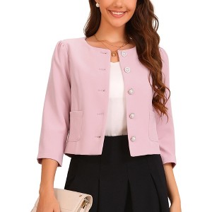 Allegra K Women's Collarless 3/4 Sleeve Lightweight Pockets Button Down Work Suit Blazer - 1 of 4
